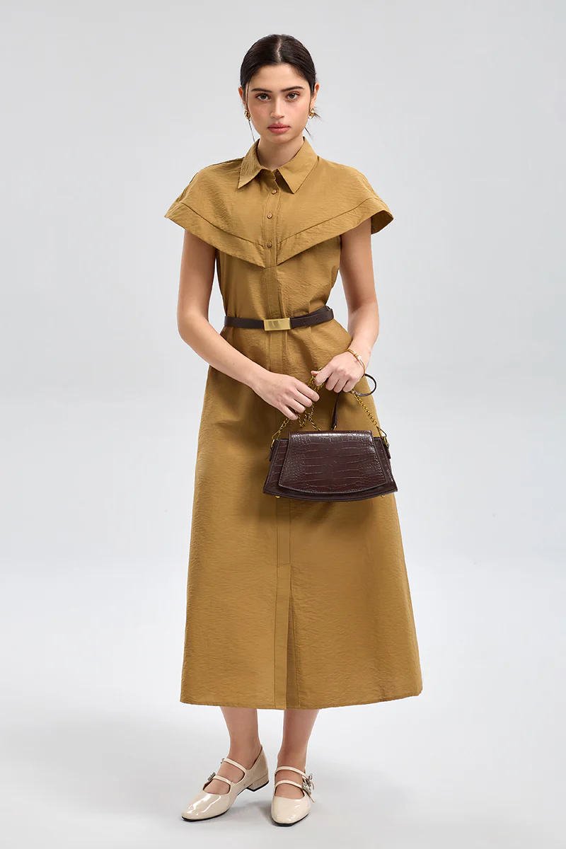 Dress with cape neck and waist belt