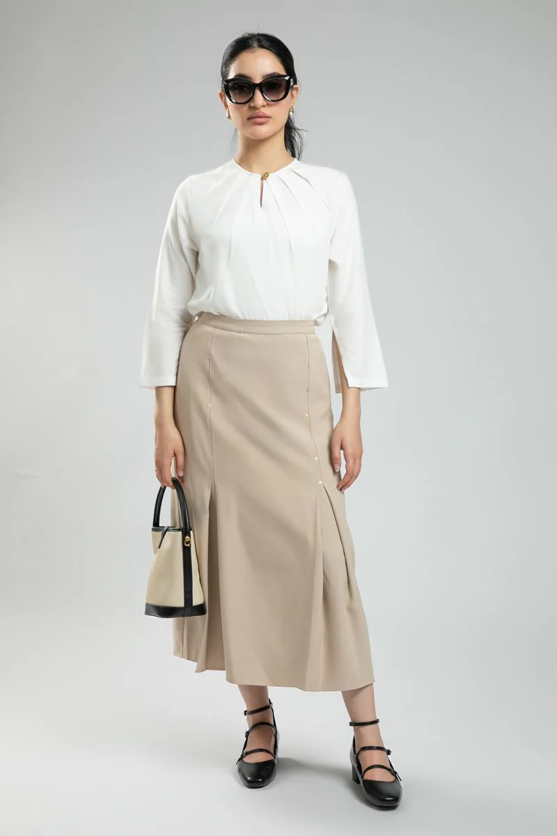 Women's Classic Long Office Skirt - Solid Color, Front Pleated